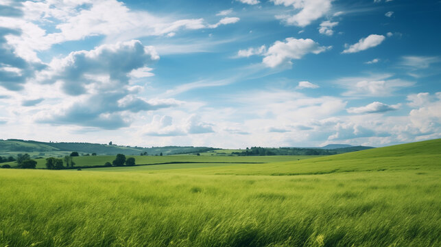 푸른 하늘 아래 펼쳐진 싱그러운 초원의 평화로운 풍경