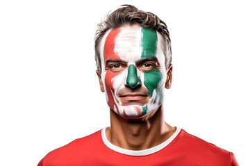 man soccer fun portrait with painted face of italian national flag isolated on transparent background