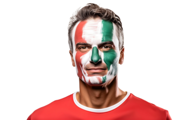 man soccer fun portrait with painted face of italian national flag isolated on transparent background
