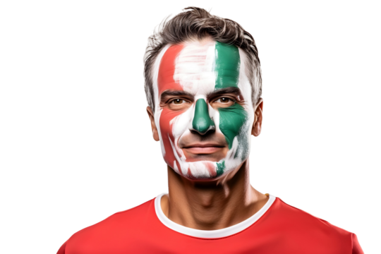 man soccer fun portrait with painted face of italian national flag isolated on transparent background