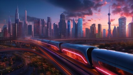 Train passing over a bridge with a cityscape in the background, AI-generated.