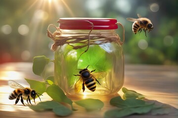 AI generated illustration of A jar next to buzzing honeybees illuminated by warm sunlight