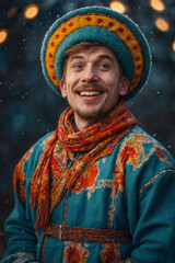 Obraz premium Cheerful young buffoon - musician. Full height. Last days of winter. Russian folk holiday. Maslenitsa.