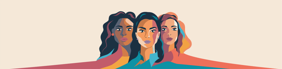Vector banner with place for text for Women's Day. Strong women from different cultures stand side by side. Concept feminism gender equality protection of rights and freedoms rights of women - obrazy, fototapety, plakaty