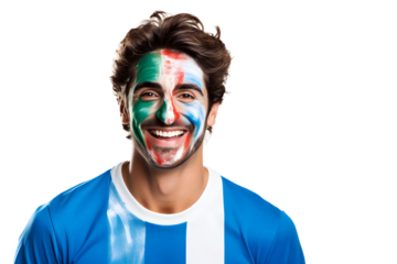 man soccer fun portrait with painted face of french national flag isolated on transparent background
