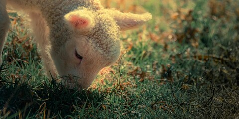 Closeup of a white lamb grazing on green grass on a sunny day