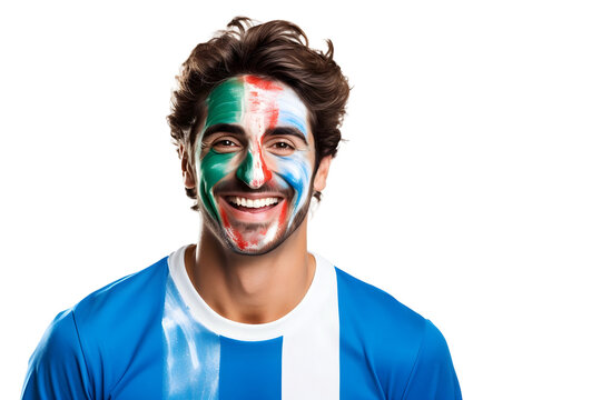 man soccer fun portrait with painted face of french national flag isolated on transparent background