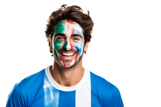 man soccer fun portrait with painted face of french national flag isolated on transparent background