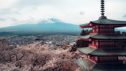 Fototapeta premium Scenic view of Mount Fuji seen behind a temple in Japan