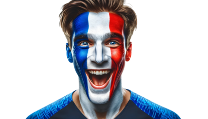 man soccer fun portrait with painted face of french national flag isolated on transparent background