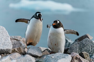 Obraz premium Close up of two penguins perched atop large rocks with a seascape in the background