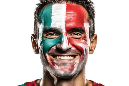 man soccer fun portrait with painted face of italian national flag isolated on transparent background