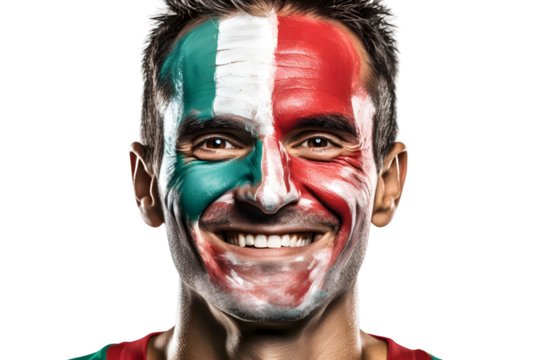 man soccer fun portrait with painted face of italian national flag isolated on transparent background