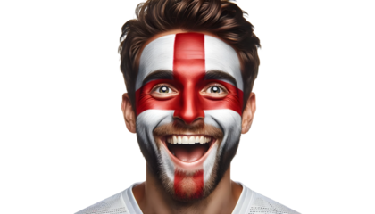 man soccer fun portrait with painted face of english national flag isolated on transparent background