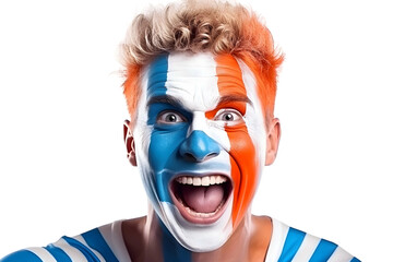 man soccer fun portrait with painted face of dutch national flag isolated on transparent background