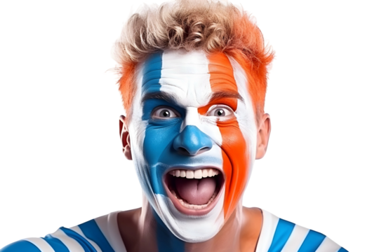 man soccer fun portrait with painted face of dutch national flag isolated on transparent background - Powered by Adobe