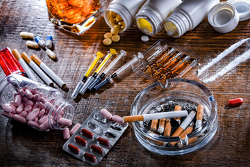 Addictive substances, including alcohol, cigarettes and drugs - obrazy, fototapety, plakaty