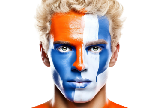 man soccer fun portrait with painted face of dutch national flag isolated on transparent background