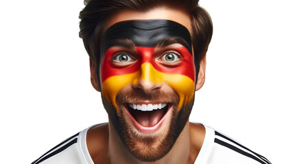 man soccer fun portrait with painted face of german national flag isolated on transparent background - obrazy, fototapety, plakaty