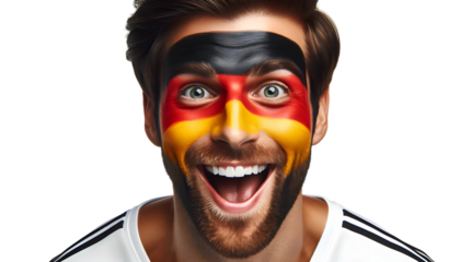 man soccer fun portrait with painted face of german national flag isolated on transparent background