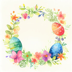 Easter watercolor greeting template with colorful easter eggs and flowers, white background