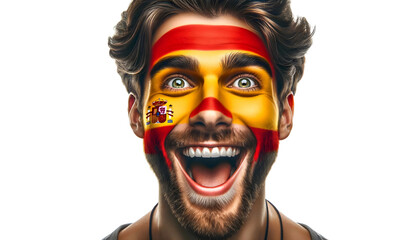 man soccer fun portrait with painted face of spanish national flag isolated on transparent background