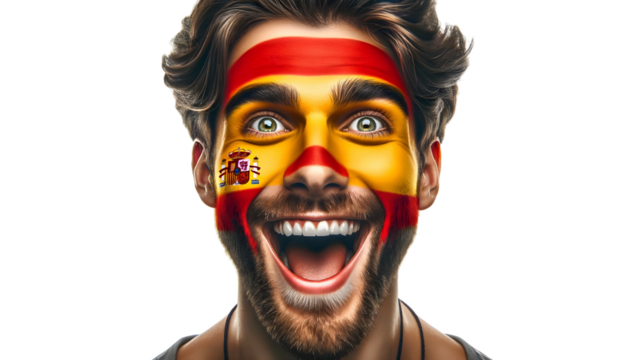 man soccer fun portrait with painted face of spanish national flag isolated on transparent background