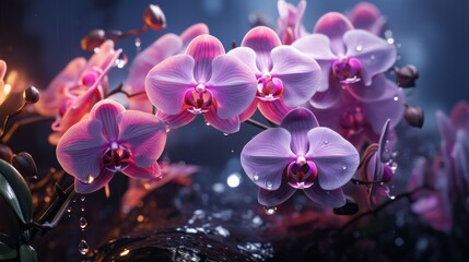 Close-up of a branch of a blooming purple orchid. Blooming orchid blossom. Beautiful blossoming buds of purple orchid flowers on a branch.