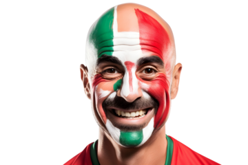 man soccer fun portrait with painted face of italian national flag isolated on transparent background