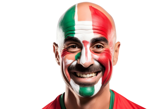 man soccer fun portrait with painted face of italian national flag isolated on transparent background
