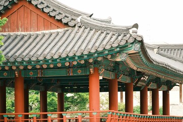 Asian-style pavilion featuring several vibrant orange pillars