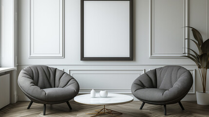 Minimalist background with comfortable chairs next to a coffee table and a frame hanging on the wall with white space for graphics or text
