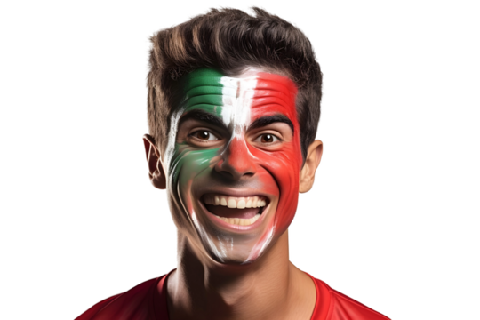 man soccer fun portrait with painted face of italian national flag isolated on transparent background