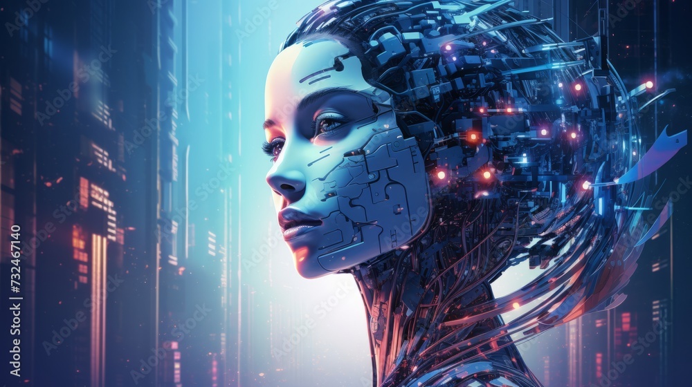 Poster futuristic technology concept: abstract background of glowing digital circuit patterns and futuristi