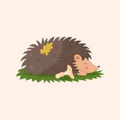 Cute hedgehog. Sleeping forest animal. Mushroom on grass. Funny porcupine character. Childish print or poster for nursery and textile decor. Creature with needles. Cartoon isolated vector illustration