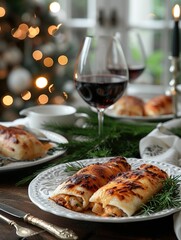 Sophisticated dining arrangement showcasing enchiladas and chiles en nogada on elegant china, complemented by red wine, candlelight, and soft lighting to create a cozy ambiance.