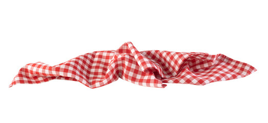 Checkered red picnic cloth crumpled isolated on white. Food decor element. Kitchen towel,tablecloth,napkin.