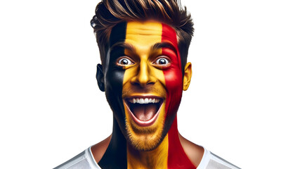 man soccer fun portrait with painted face of belgian national flag isolated on transparent...