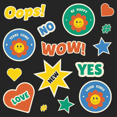 Groovy flower cartoon characters, trendy sticker pack, retro style of the 90s, emotions, joy, sadness. Vector sticker design.
