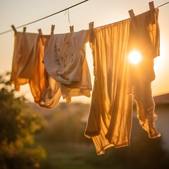 several hanging clothes are being hung to dry on a washing line
