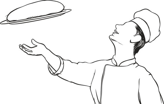 Chef performing pizza dough toss in a Continuous One Line Drawing, skilled pizza maker, one line pizza art, chef's dough flip