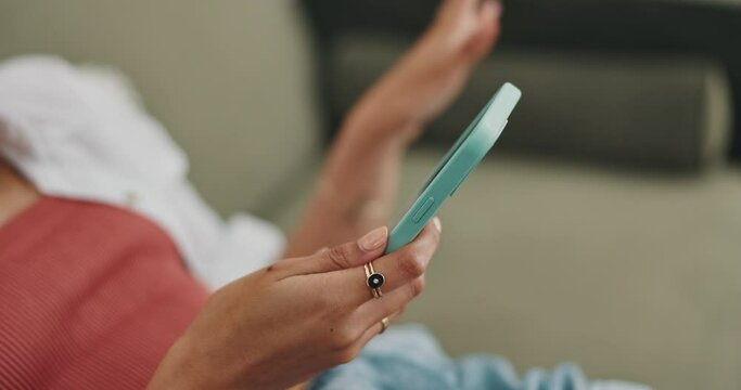 Home, hands and woman with smartphone, connection and relax with good mood and social media. Apartment, closeup and person with cellphone and girl with positivity and energy with audio or digital app
