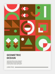 Geometric design poster. Flyer or cover, banner with copy space. Colorful abstract shapes and figures. Minimal modern composition. Bauhaus style placard. Contemporary brochure. Vector illustration