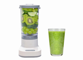 Green shake drink concept , mixed fruit and vegetable in blender preparing for making green smoothie with a glass of green smoothie after blend for detox dietary, isolated clipping path on white.
