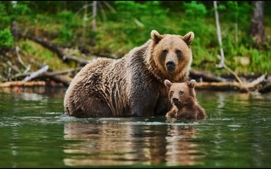 A bear and her cub are swimming in the water View of wild bear bear walking in forest
