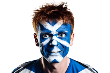 man soccer fun portrait with painted face of scottish national flag isolated on transparent background