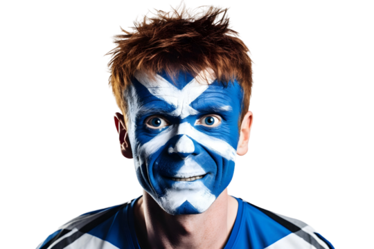 man soccer fun portrait with painted face of scottish national flag isolated on transparent background
