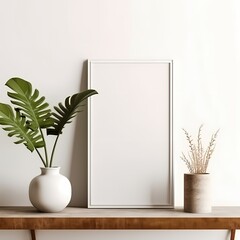 Minimalist Image of a Frame and Vases on a Wooden Table