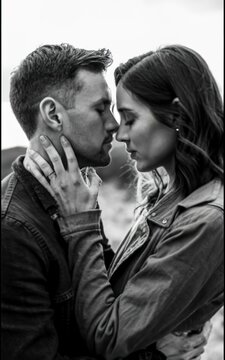 Black and white kissing portrait of couple