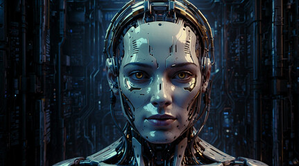 Face Of The Future. A mysterious AI robot with a humanoid face, surrounded by intricate circuits, evoking a sense of the unknown.